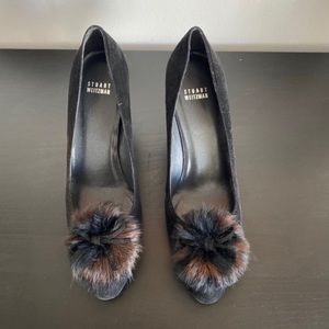 Stuart Weitzman black suede heels pump with fur pom pom